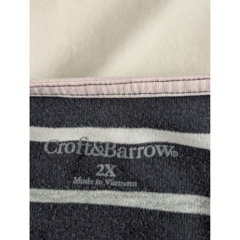 Croft & Barrow Womens 2X Striped 3/4 Sleeve Notched V-Neck Knit Top Grey Pink - Picture 10 of 11
